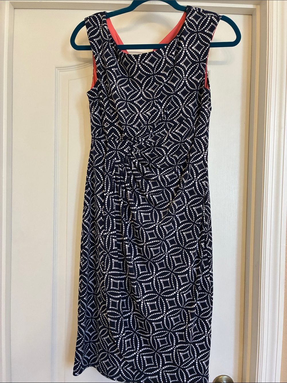 connected apparel Navy Geometric Midi Dress with Coral Trim